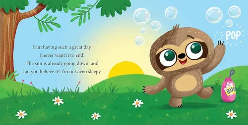 Illustration of a sloth in a cartoon style with text and bubbles on a colorful background.