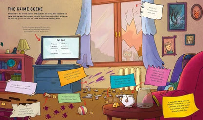 Illustrated crime scene with a TV, scattered evidence, and notes on a wall.