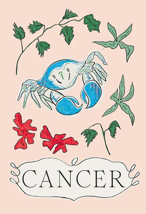Zodiac sign illustration of Cancer with crabs and leaves on a light pink background