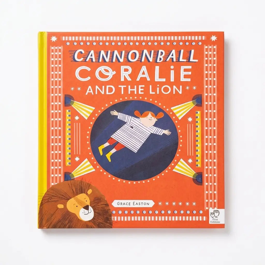 Children's book titled 'Cannonball Coralie and the Lion' by Grace Easton, featuring a bright orange cover with a cartoon lion and a child floating in space, photographed on a clean white background.