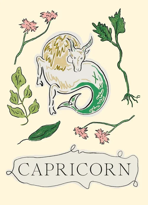 Capricorn zodiac sign illustration with floral elements on a beige background