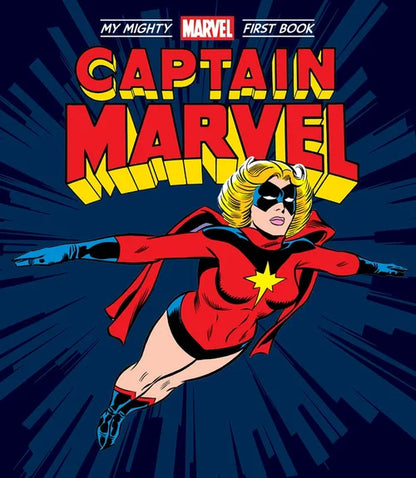 Captain Marvel in a red costume with a yellow star on a blue background, featuring the Marvel logo.