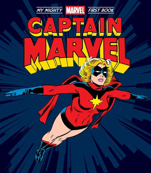 Captain Marvel in a red costume with a yellow star on a blue background, featuring the Marvel logo.