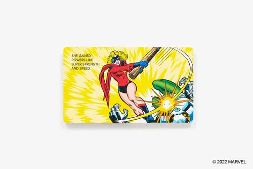 Comic book-style card with superhero character on a yellow background, featuring Marvel branding.