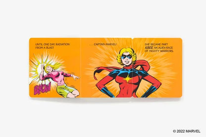 Comic book-style illustration of Captain Marvel with text on a white background