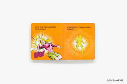Comic book page with superhero character transformation on an orange background