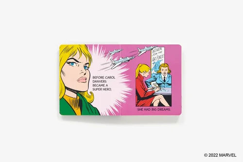 Comic book-style card with superhero design and text on a pink background