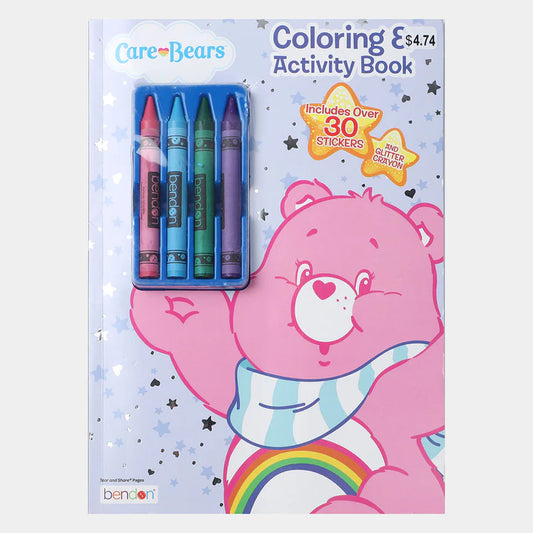 Care Bears coloring book and crayons set on a white background