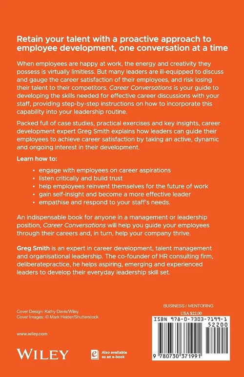 Book cover of 'Career Conversations' by Greg Smith with text on employee development and career guidance.