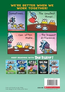 Back cover of a book with cartoon characters and promotional text for Dav Pilkey's books.