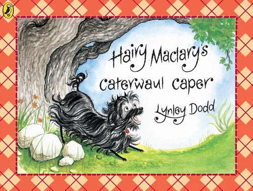 Book cover of 'Hairy Maclary's Caterwaul Caper' with a cartoon dog and tree on a patterned background.