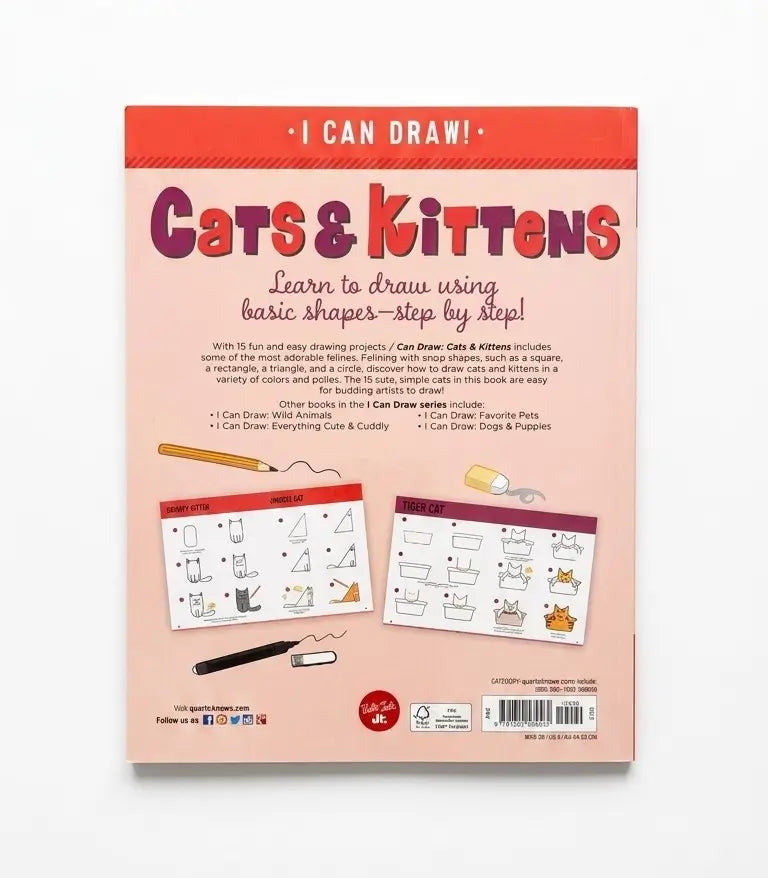 The back cover of a children's drawing book titled 'Cats & Kittens' with the tagline 'I Can Draw!'. The cover features a light pink background with a coral-red top banner, stylized purple and red title text, and two small sample drawing pages shown at the bottom.