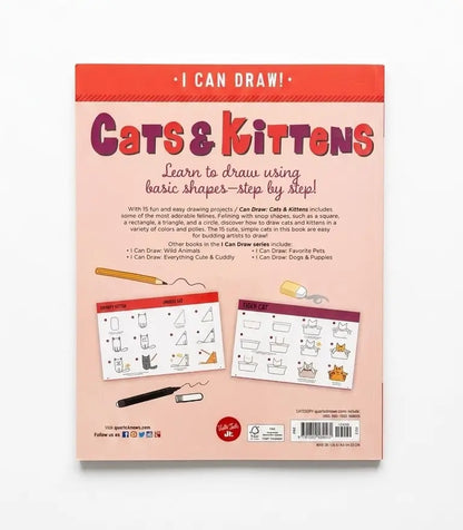 The back cover of a children's drawing book titled 'Cats & Kittens' with the tagline 'I Can Draw!'. The cover features a light pink background with a coral-red top banner, stylized purple and red title text, and two small sample drawing pages shown at the bottom.