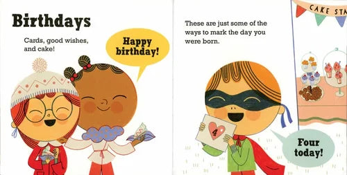 Illustrations of children with birthday cards and cake, with text about birthdays and milestones.