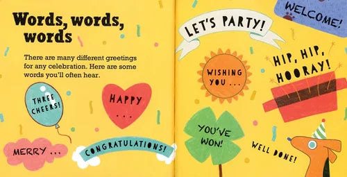 Illustrated book page with various celebratory phrases and graphics on a yellow background.