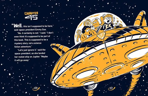 Cartoon illustration of a space ship with characters on a starry background