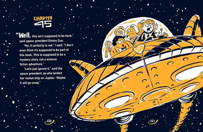 Cartoon illustration of a space ship with characters on a starry background