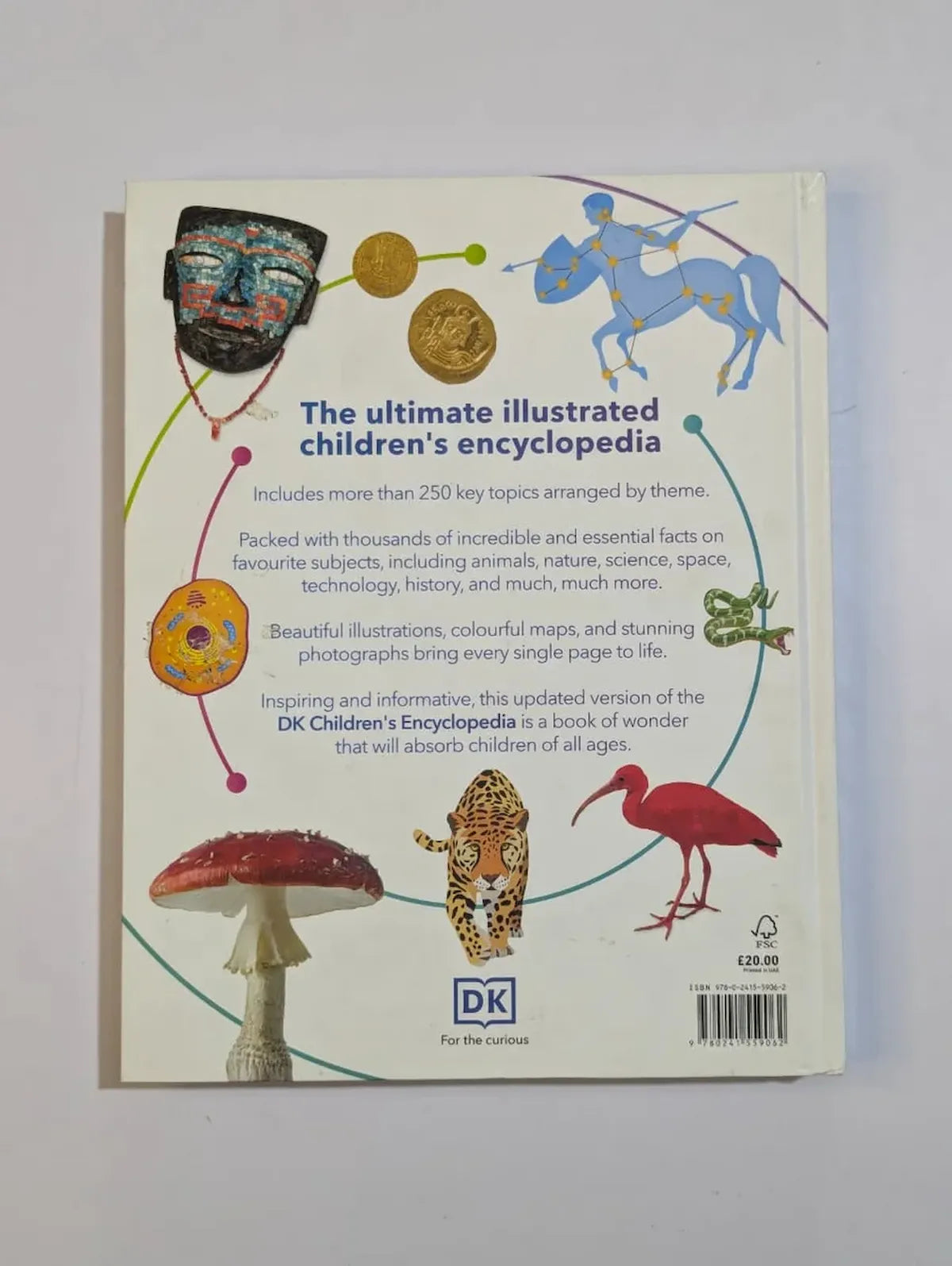 Back cover of a children's encyclopedia book with illustrations and text on a white background
