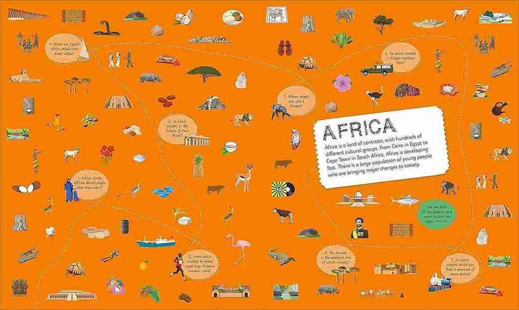Map of Africa with various icons and text on an orange background