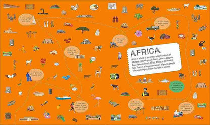 Map of Africa with various icons and text on an orange background