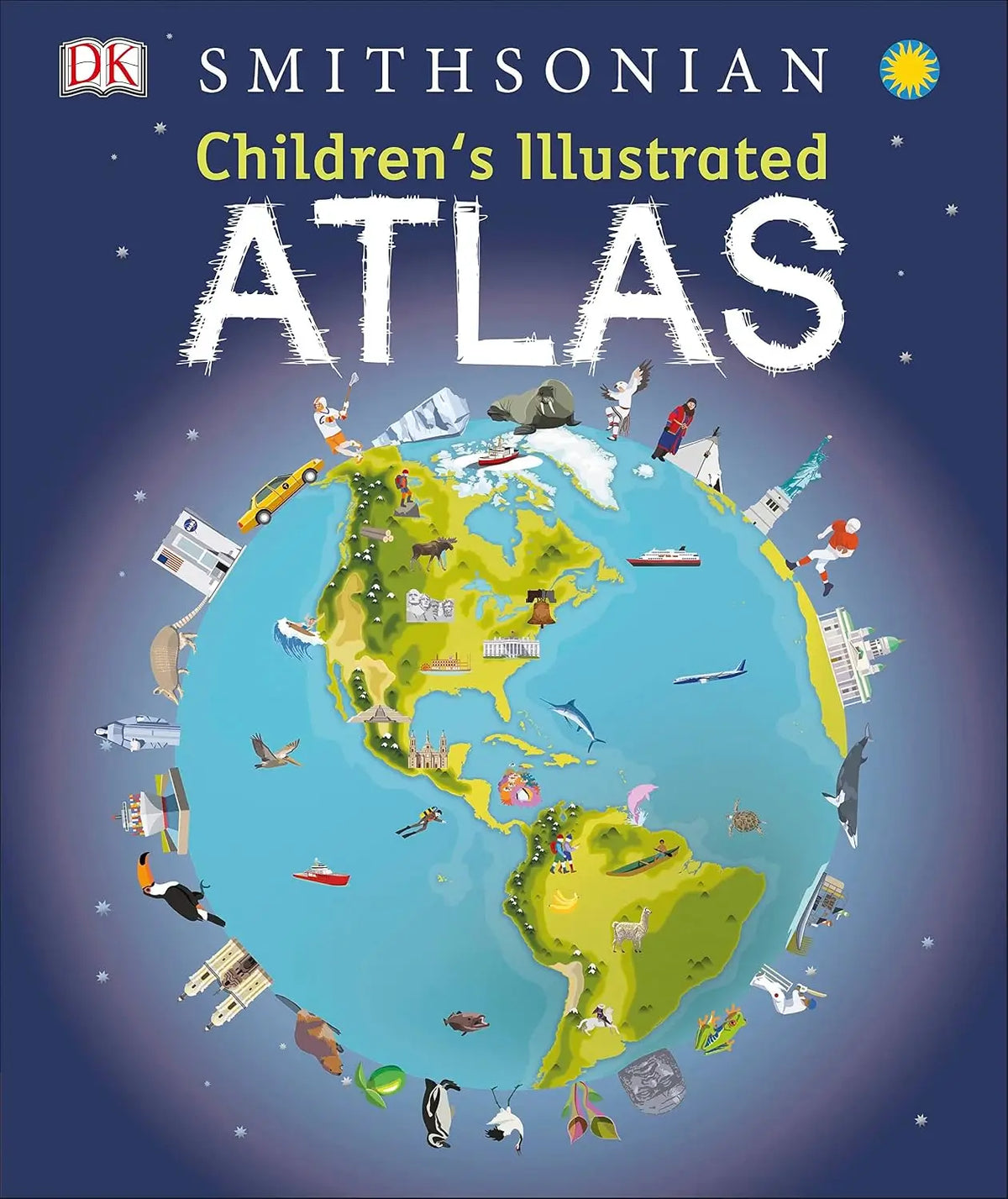 Children's Illustrated Atlas book cover with a world map illustration and DK Smithsonian logo.