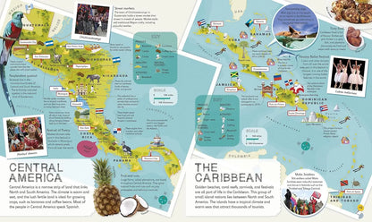 An educational travel poster map of Central America and the Caribbean, featuring illustrated regions, cultural photos, flags, and descriptive text on a light blue background.