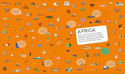 An illustrated infographic poster about Africa on a bright orange background, featuring small cartoon drawings of landmarks, animals, people, vehicles, and cultural symbols arranged around a large white title card that reads 'AFRICA'.