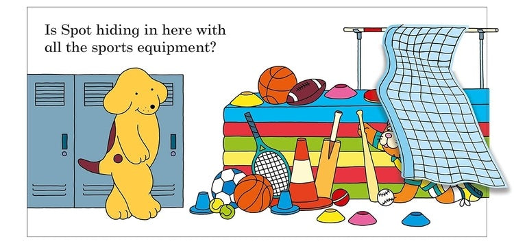 Cartoon dog looking for Spot among sports equipment with lockers and a tent in the background.