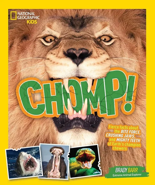 Book cover of 'Chomp!' by National Geographic Kids with a lion and images of animals.