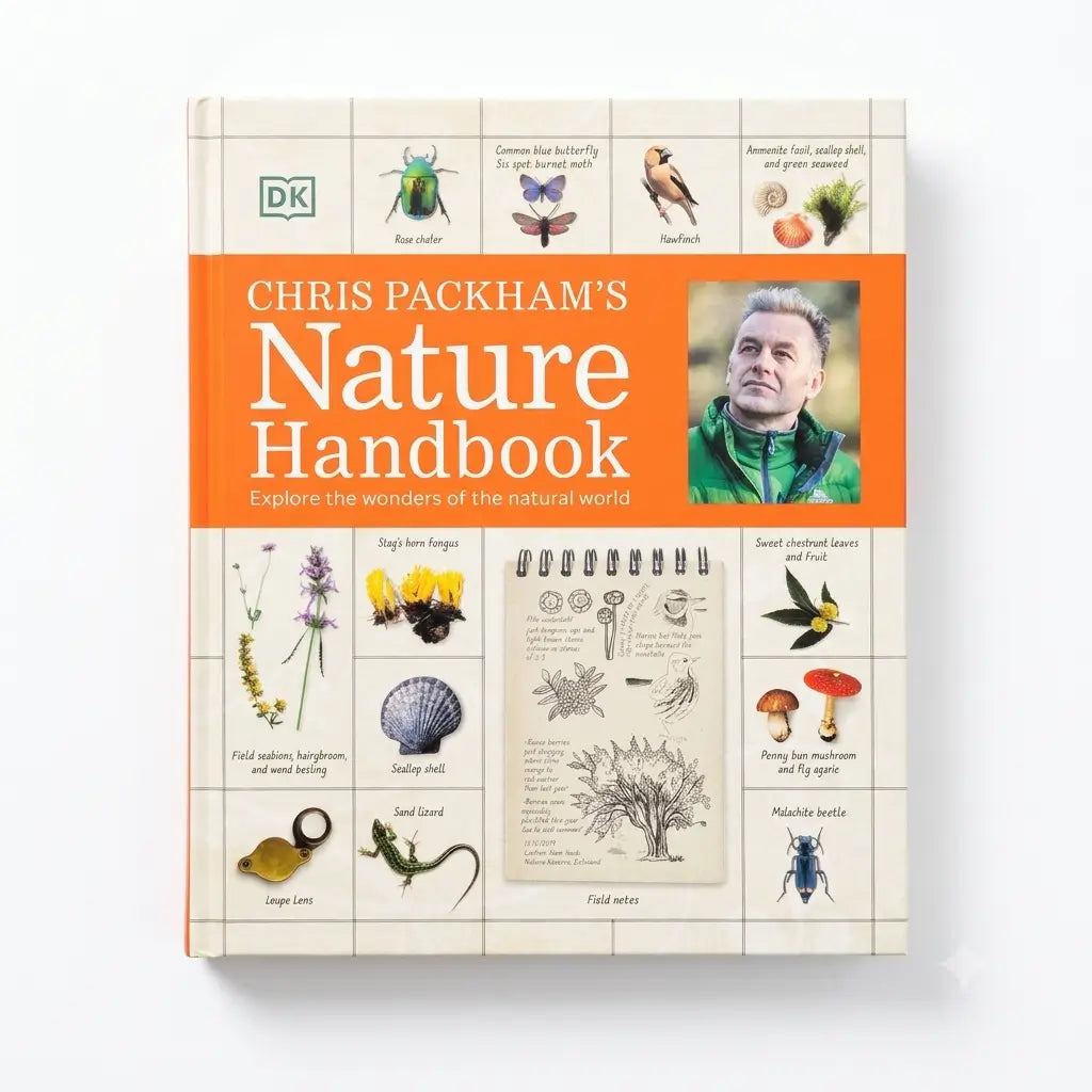 Chris Packham's Nature Handbook book by DK, featuring a bright orange title band and a grid of natural history illustrations on a white background.