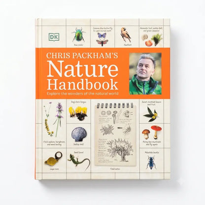 Chris Packham's Nature Handbook book by DK, featuring a bright orange title band and a grid of natural history illustrations on a white background.