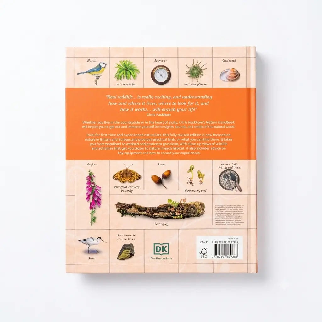 The back cover of a children's nature book titled 'And Where Did You Go?' by Chris Beckingham, featuring an orange title band and a beige grid with various illustrated nature elements.