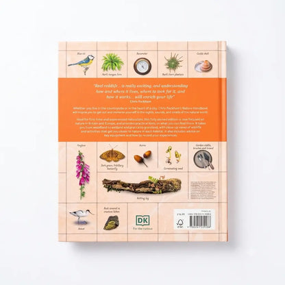 The back cover of a children's nature book titled 'And Where Did You Go?' by Chris Beckingham, featuring an orange title band and a beige grid with various illustrated nature elements.