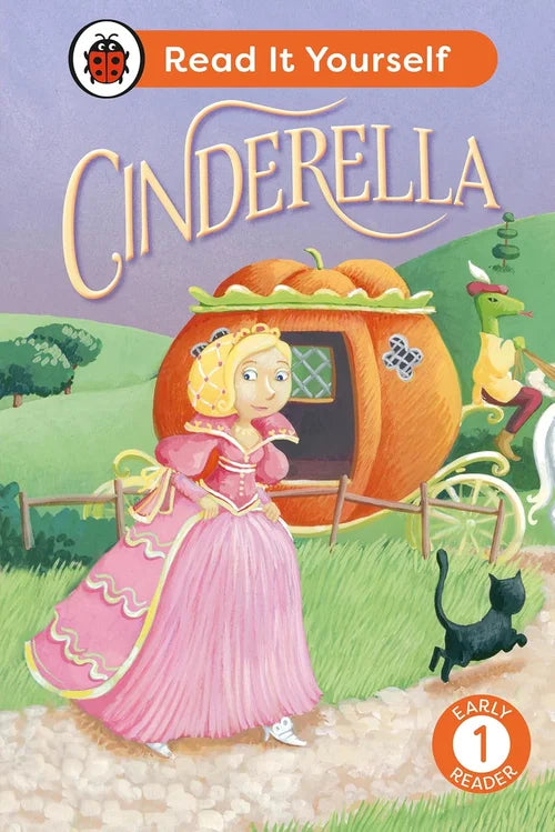 Book cover of 'Cinderella' with a fairy tale illustration and pumpkin coach.