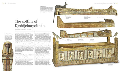Illustration of ancient Egyptian coffins with detailed carvings and a mummy figure on a white background.