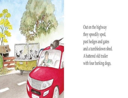 Illustration of a red car with a child and a dog, following a yellow trailer with dogs on a road.