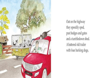 Illustration of a red car with a child and a dog, following a yellow trailer with dogs on a road.