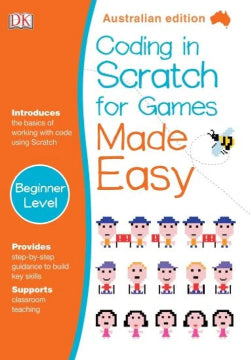 Book cover of 'Coding in Scratch for Games Made Easy' with colorful design and text.