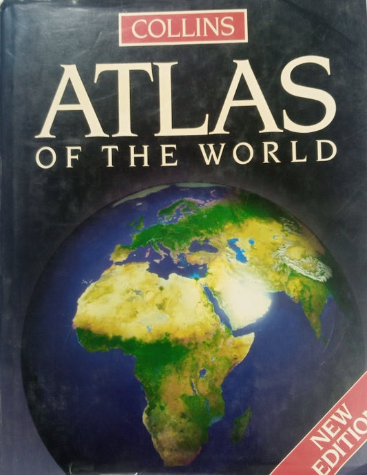 A preloved hardcover book titled 'Collins ATLAS of the World' with a picture of the Earth on the cover, indicating it's a new edition.