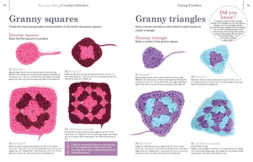 Crochet pattern guide for granny squares and triangles with colorful illustrations.