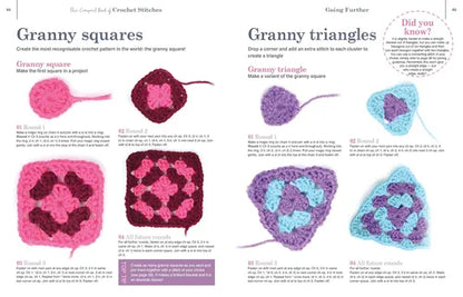 Crochet pattern guide for granny squares and triangles with colorful illustrations.