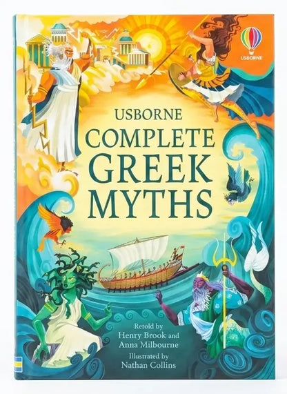 Book cover of 'Complete Greek Myths' by Usborne with colorful illustrations of Greek gods and scenes.