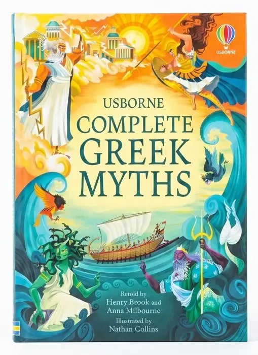 Book cover of 'Complete Greek Myths' by Usborne with colorful illustrations of Greek gods and scenes.