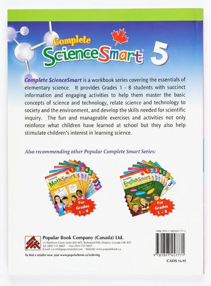 Back cover of a 'Complete ScienceSmart 5' educational workbook with text and branding.