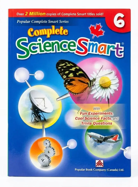 Book titled 'Complete Science Smart' with colorful cover featuring a butterfly, satellite, and other elements on a blue background.