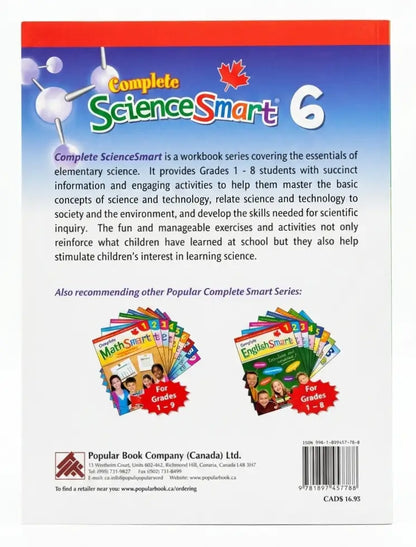 Back cover of a educational workbook titled 'Complete ScienceSmart 6' with branding and text.
