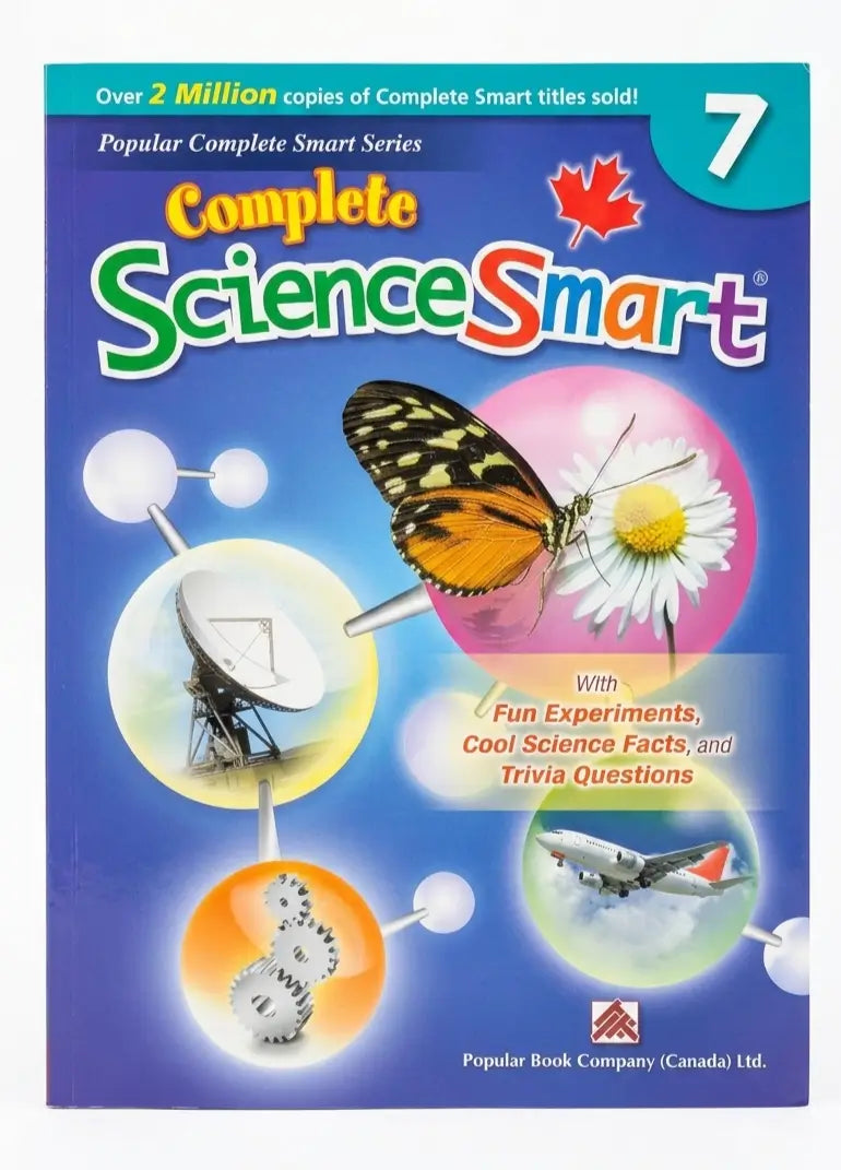 Book cover of 'Complete Science Smart' series, book 7, featuring a butterfly, satellite, and airplane on a blue background.