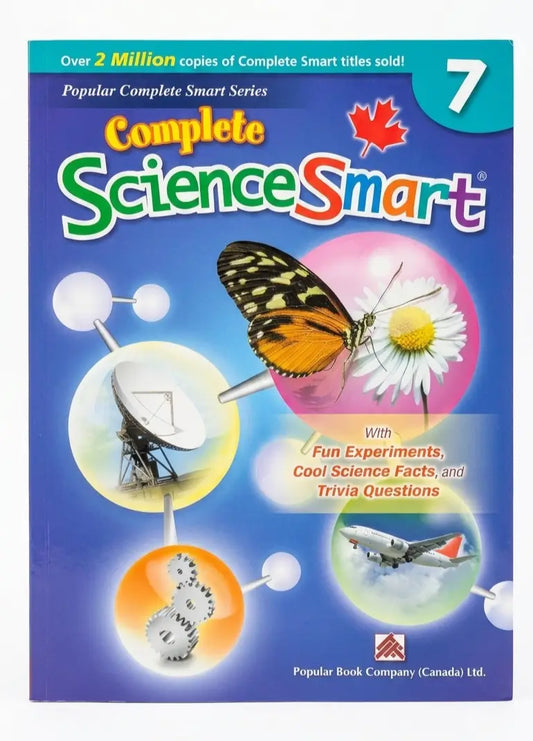 Book cover of 'Complete Science Smart' series, book 7, featuring a butterfly, satellite, and airplane on a blue background.
