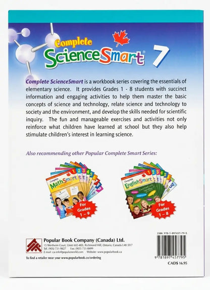 Back cover of a 'Complete ScienceSmart' workbook series with text and branding.