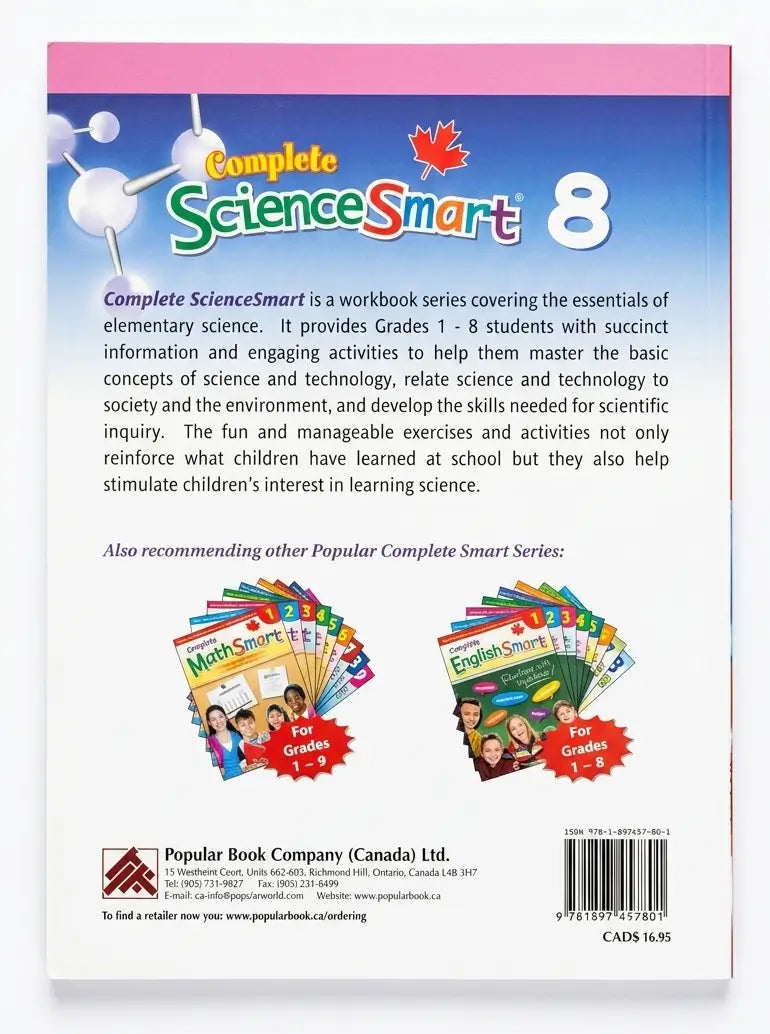Back cover of a 'Complete ScienceSmart' workbook with text and branding.